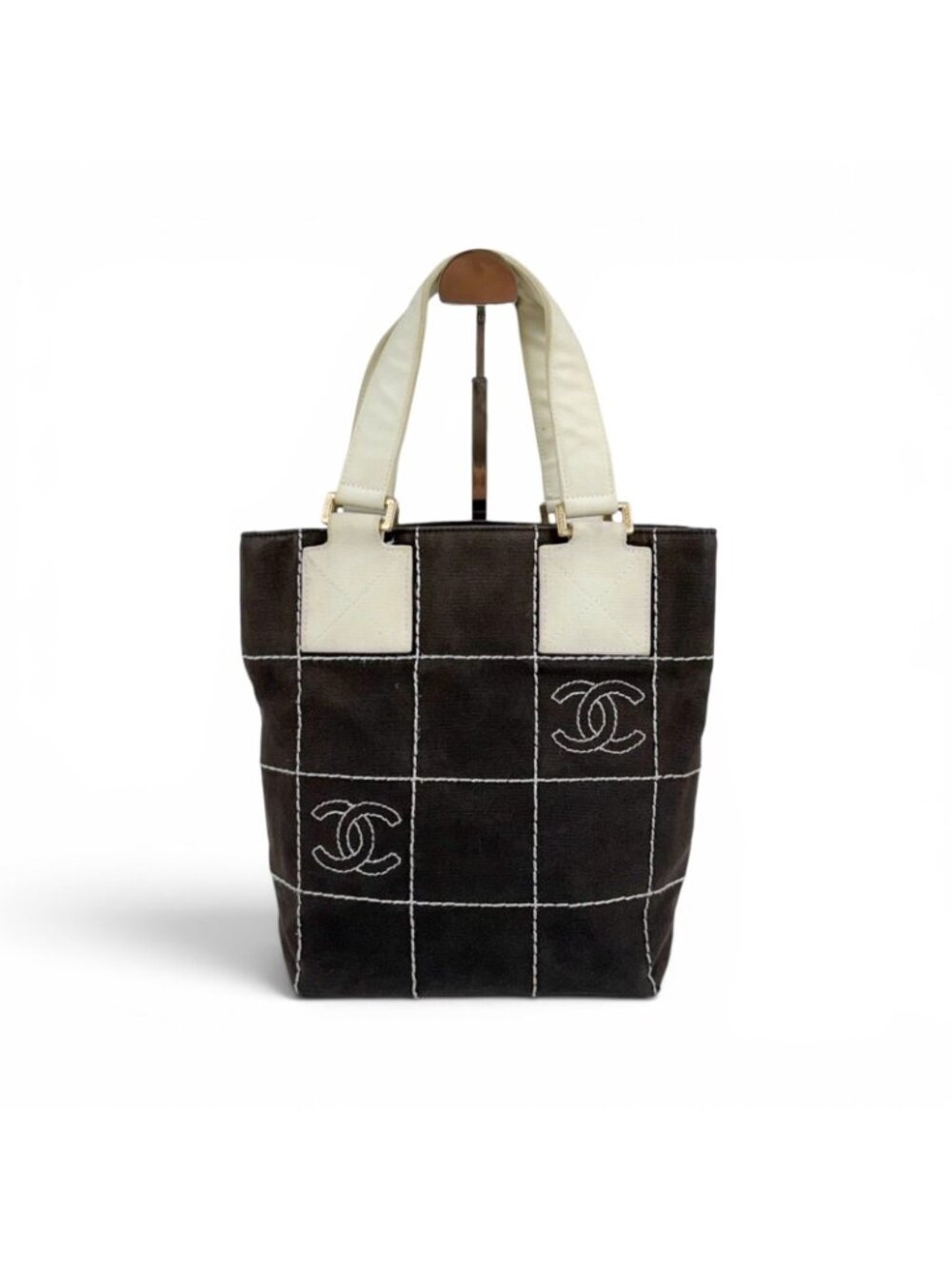 Chanel Wild Stitch Mini Tote Bag CC Logo Black White Canvas Chocolate - Picture 3 of 12